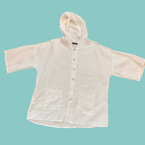 Lungo L’Arno Italy 100% Linen Hooded Tunic Top White Sequin Lagenlook Cover Up